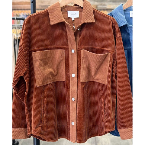 Just In Time Corduroy Button Down Jacket- Rust Chocolate