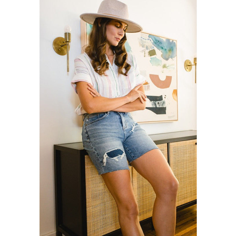 Exactly Right High Waisted Mid-Length Shorts - Light Denim