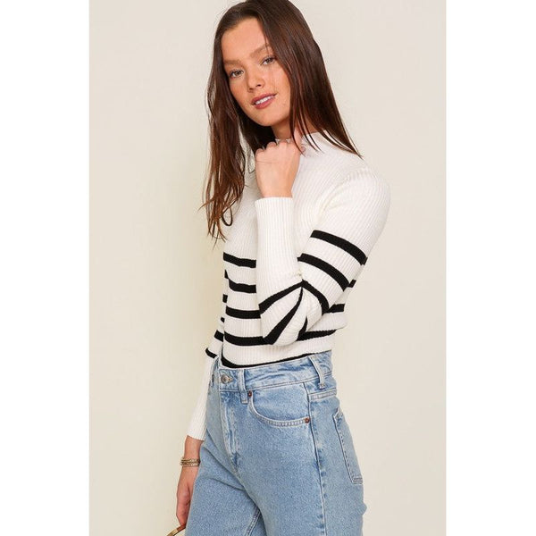 Long Sleeve High Neck Ribbed Striped Sweater - Cream/Black