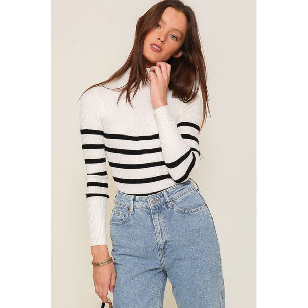 Long Sleeve High Neck Ribbed Striped Sweater - Cream/Black