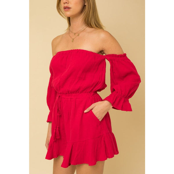 So Hype Off Shoulder Romper - Berry Red