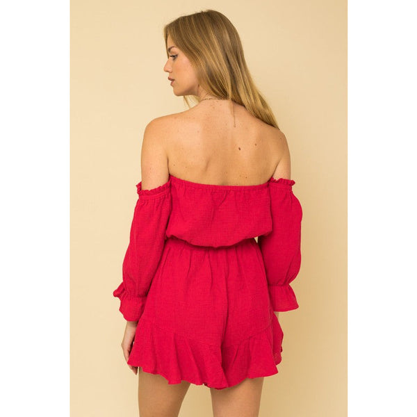 So Hype Off Shoulder Romper - Berry Red