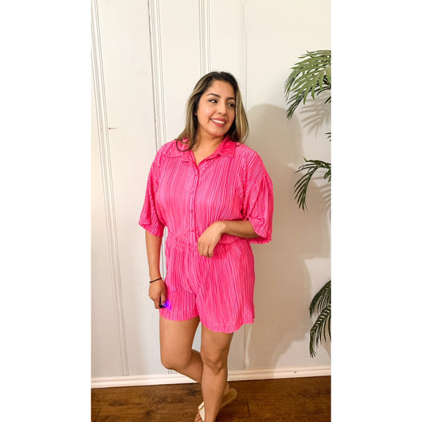 Delightful Pleated Button Down Top and Short Set - Fuchsia