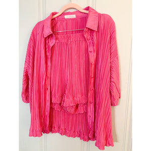 Delightful Pleated Button Down Top and Short Set - Fuchsia