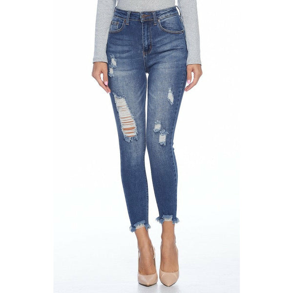 Mid High Rise Destructed Ripped Skinny Jeans