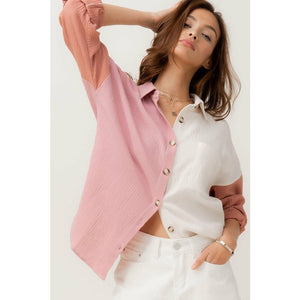 Enjoying This Time Colorblock Button Down Shirt - Pink/ White