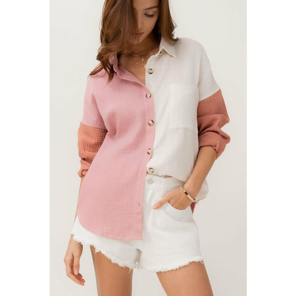 Enjoying This Time Colorblock Button Down Shirt - Pink/ White