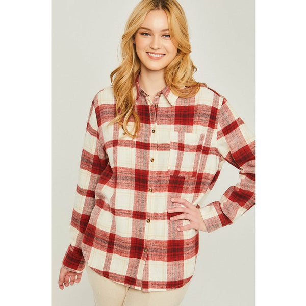 Embrace It All Button Down Plaid Top - Red