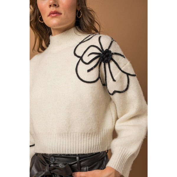 It's Going All Right Flower Embroidered Sweater - Ivory/Black