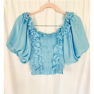 Get It For Yourself Ruffled Smocked Crop Top - Sky Blue