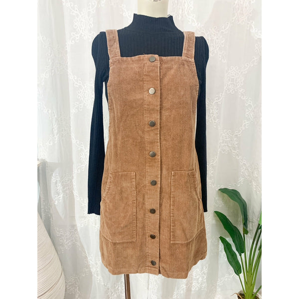 Happy Days Corduroy Button Down Overall Dress - Camel