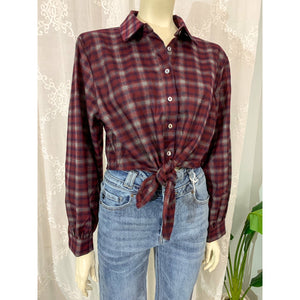 So Ready Woven Front Tie Plaid Shirt/ Top- Wine