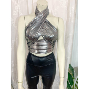 Night Out Crop Halter Top - Silver