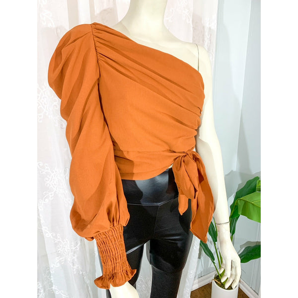 Too Fancy One Shoulder Blouse with Front Tie- Camel