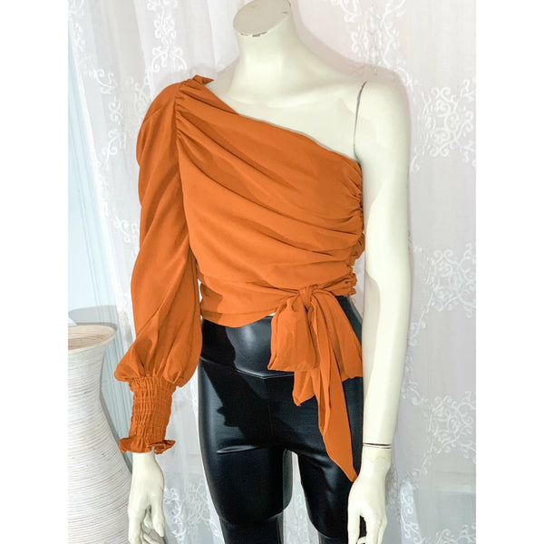 Too Fancy One Shoulder Blouse with Front Tie- Camel