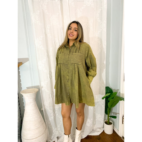 Let's Hang Out Long Sleeve Pleated Shirt Dress