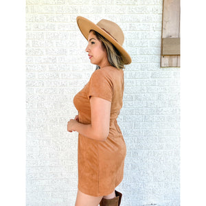 Caramel Sensation Short Sleeve Suede Knit Lace Up Mini Dress - Brown